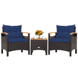 KOTEK 3 Piece Patio Furniture Set, Outdoor Conversation Set with Removable Cushions, Acacia Wood Tabletop and Armrests, PE Rattan Wicker Bistro Set for Porch, Balcony, Backyard (Navy Blue) KOTEK
