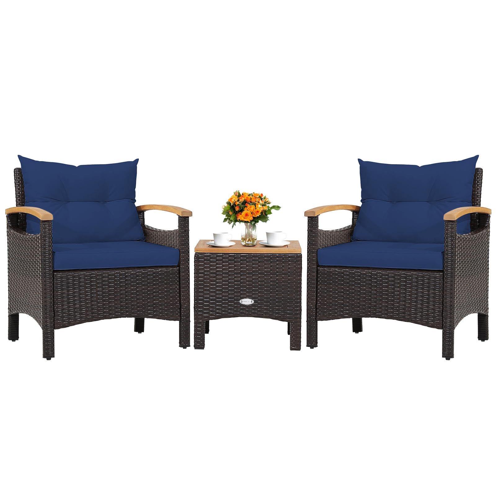 KOTEK 3 Piece Patio Furniture Set, Outdoor Conversation Set with Removable Cushions, Acacia Wood Tabletop and Armrests, PE Rattan Wicker Bistro Set for Porch, Balcony, Backyard (Navy Blue) - WoodArtSupply