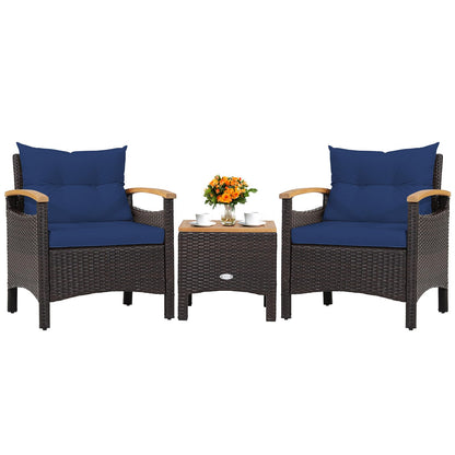 KOTEK 3 Piece Patio Furniture Set, Outdoor Conversation Set with Removable Cushions, Acacia Wood Tabletop and Armrests, PE Rattan Wicker Bistro Set for Porch, Balcony, Backyard (Navy Blue) - WoodArtSupply