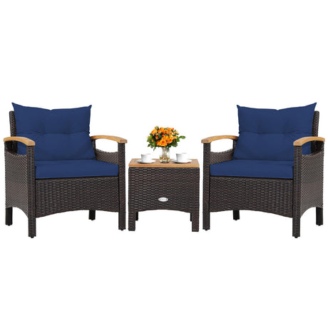 KOTEK 3 Piece Patio Furniture Set, Outdoor Conversation Set with Removable Cushions, Acacia Wood Tabletop and Armrests, PE Rattan Wicker Bistro Set for Porch, Balcony, Backyard (Navy Blue) KOTEK