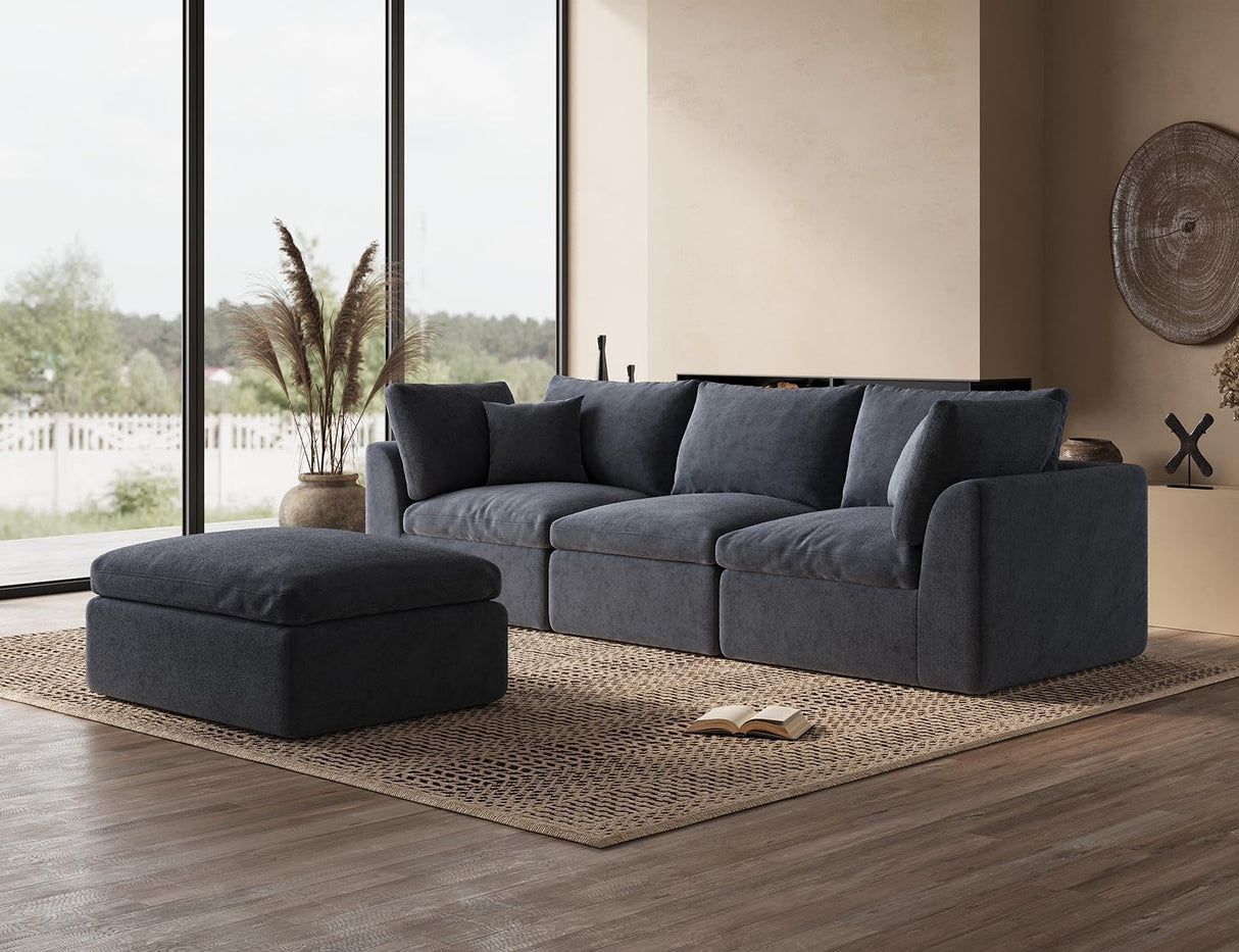 ohllob 110 Inch Cloud Sectional Couches for Living Room, Convertible L Shaped Couch with Ottoman, 3 Seater Modular Sectional Sofa, Grey ohllob