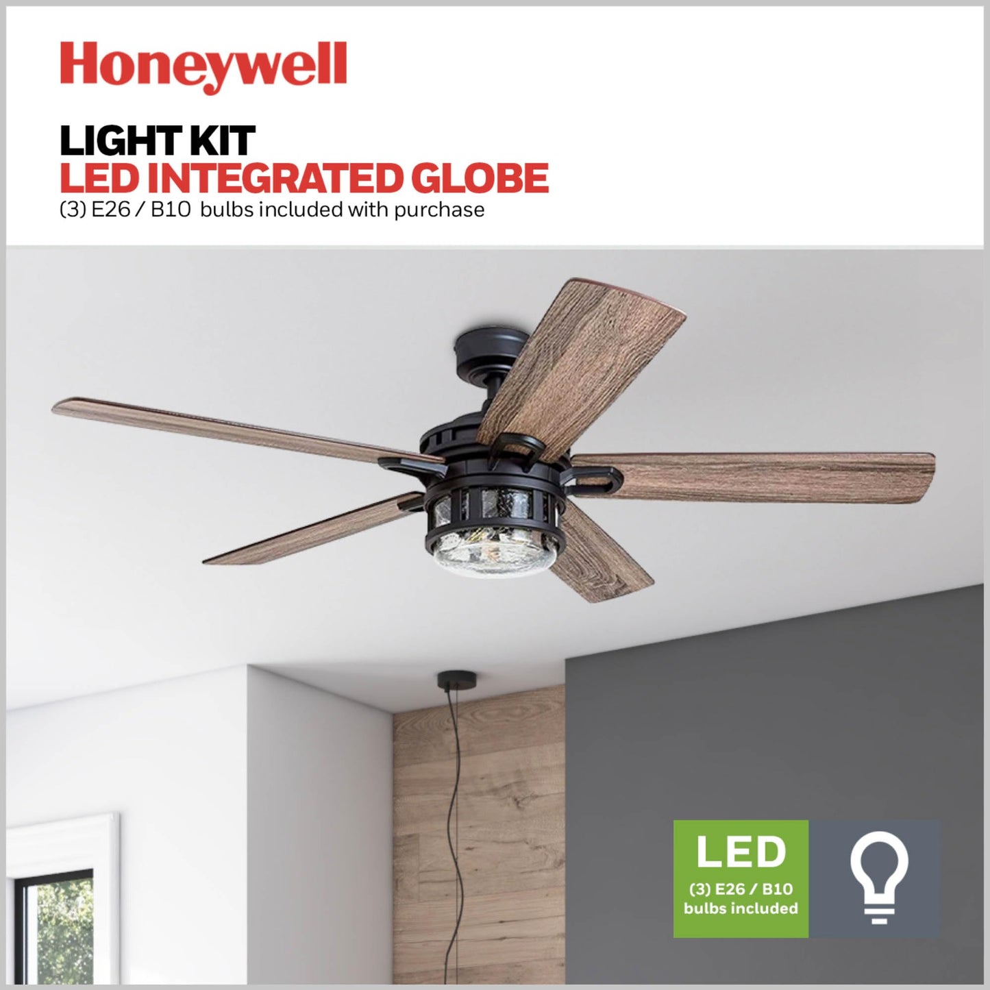 Honeywell Ceiling Fans Bonterra, 52 Inch Contemporary Indoor LED Ceiling Fan with Light and Remote Control, Dual Finish Blades, Reversible Motor - Model 50690-01 (Matte Black)