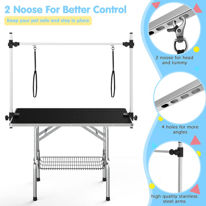 Lyromix 46''Large Dog Grooming Table, Adjustable Cat Drying Desktop with Arms, Nooses, Mesh Tray, Foldable Pet Station at Home, Maximum Capacity Up to 330Lb, 36inch, Black - WoodArtSupply