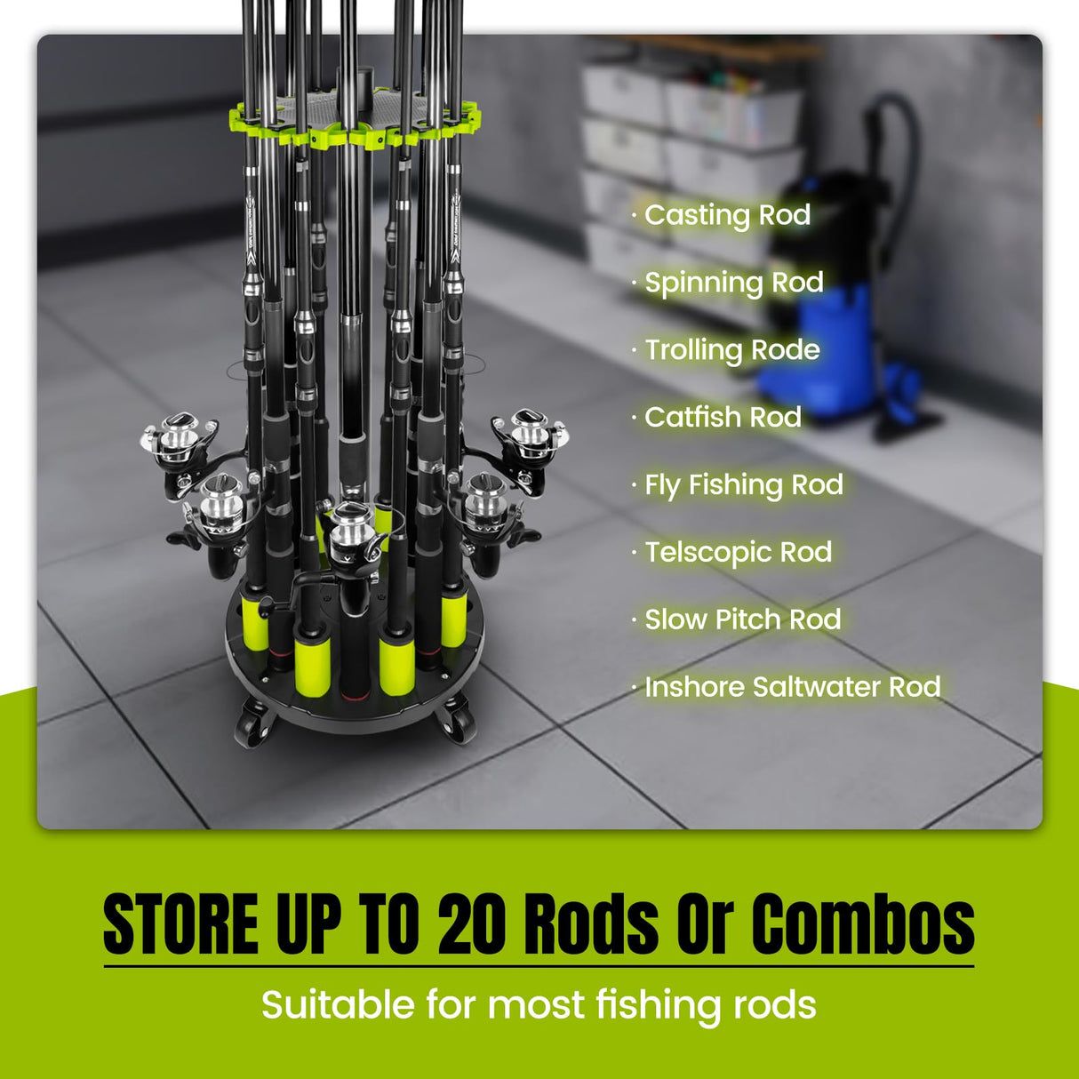 Hikeen Fishing Rod Holder, Fishing Pole Holders for Garage, Rod Rack Holds Up to 20 Rods with Rolling Wheels, Fishing Gear Equipment Storage Organizer, Fishing Gifts for Men Hikeen