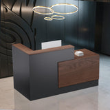 L-Shaped Modern Large Wooden Commercial Reception Desk with Counter & Shelves, Front Reception Desk Counter Table with Storage, Drawers for Offices,Home (Brown + Black, Left- 71''L x 34''W x 41''H) Drexo