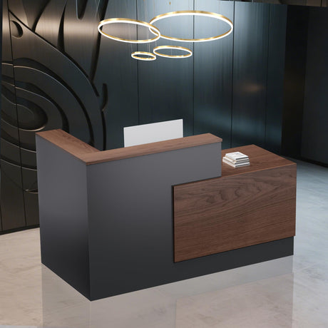 L-Shaped Large Wooden Reception Desk, Modern Front Desk Reception Counter with Lockable Drawers & Storage & Keyboard Tray, for Checkout, Lobby (Left-Walnut/Black, 71''L x 42''W x 41''H) Yorkgargen