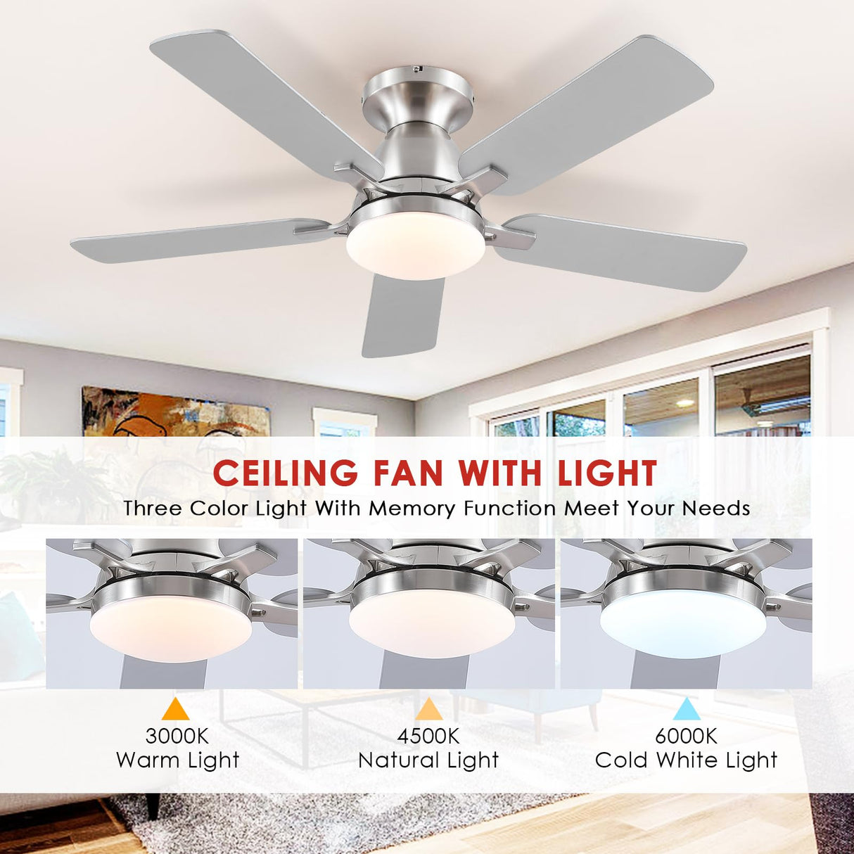 Mpayel Ceiling Fans With Lights and Remote/APP Control,46" Flush Mount Ceiling Fan Dimmable DC Motor，Low Profile Ceiling Fan for Bedroom,Living Room,Brushed Nickel Mpayel