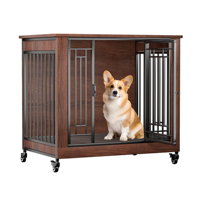 Dog Crate Furniture, 32" Dog Kennel Furniture, Small Dog Kennel Indoor, Dog Crates for Small Dogs, Wooden Dog Crate with Wheels, Tray, Feeding Window
