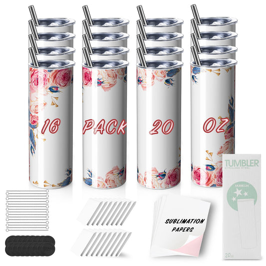 MURRICON 16 Pack Sublimation Tumblers 20 oz Skinny,Stainless Steel Insulated Sublimation Blanks Tumbler with Lid,Straw,Sublimation Paper,Individually Boxed,Shrink Wrap and Rubber Bottom