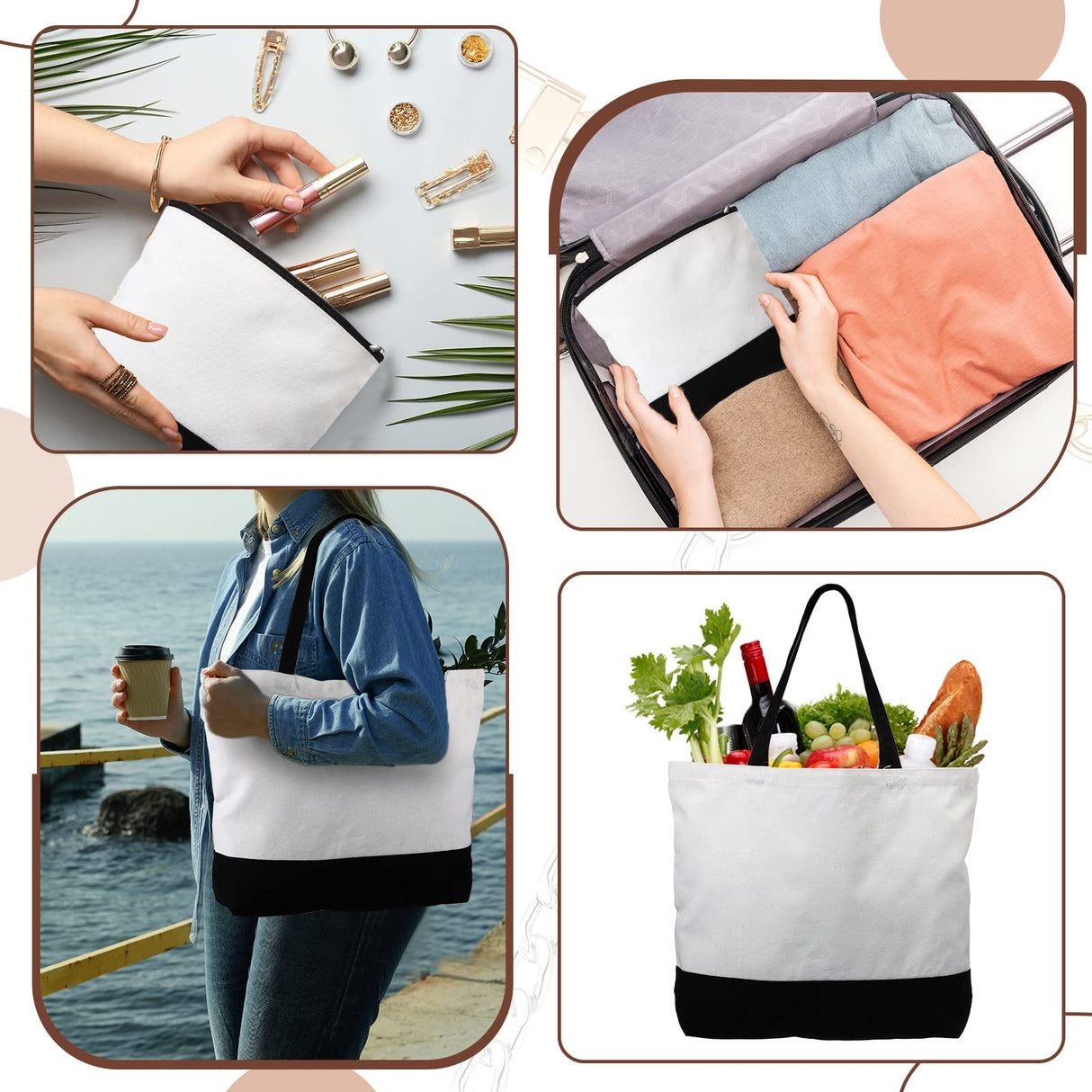 Sanwuta 20 Pcs Large Blank Canvas Tote Bags and Makeup Bags Blank Reusable Grocery Bags Canvas Bags with Handles(Black and White) Sanwuta