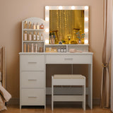 Quimoo Makeup Vanity with 10 Light Bulbs and Charging Station, Vanity Desk with Lighted Mirror & 4 Drawers Chest, Vanity Set, Vanity Table Set with Cushioned Stool, for Bedroom,White Quimoo