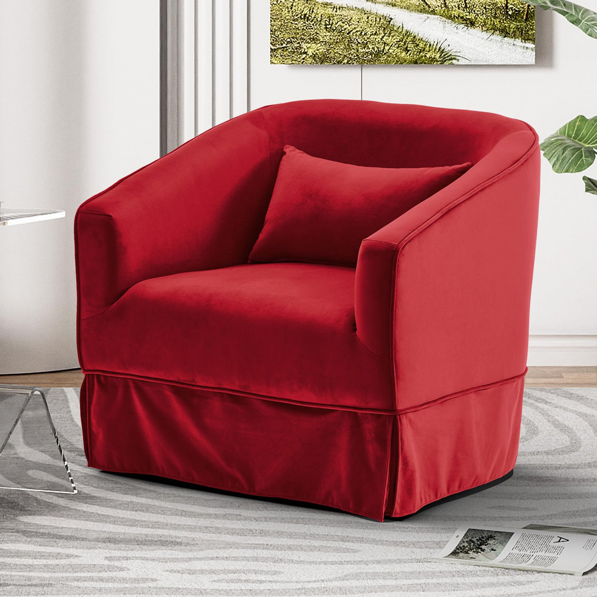 Nolohoo Swivel Accent Chair, Comfy Modern Swivel Barrel Chairs with Skirt, 360°Upholstered Velvet Small Club Armchair Reading Chairs for Living Room Nursery Bedroom Lounge, Red Nolohoo