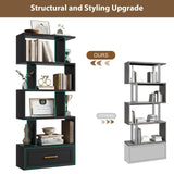 5-Tier Bookshelf, 59” Tall S Shaped Bookcase with Drawer, Freestanding Room Divider with Anti-Tipping Device, Wood Geometric Open Storage Display Shelf for Living Room,Study Room,Home Office(Black) HOTLUU