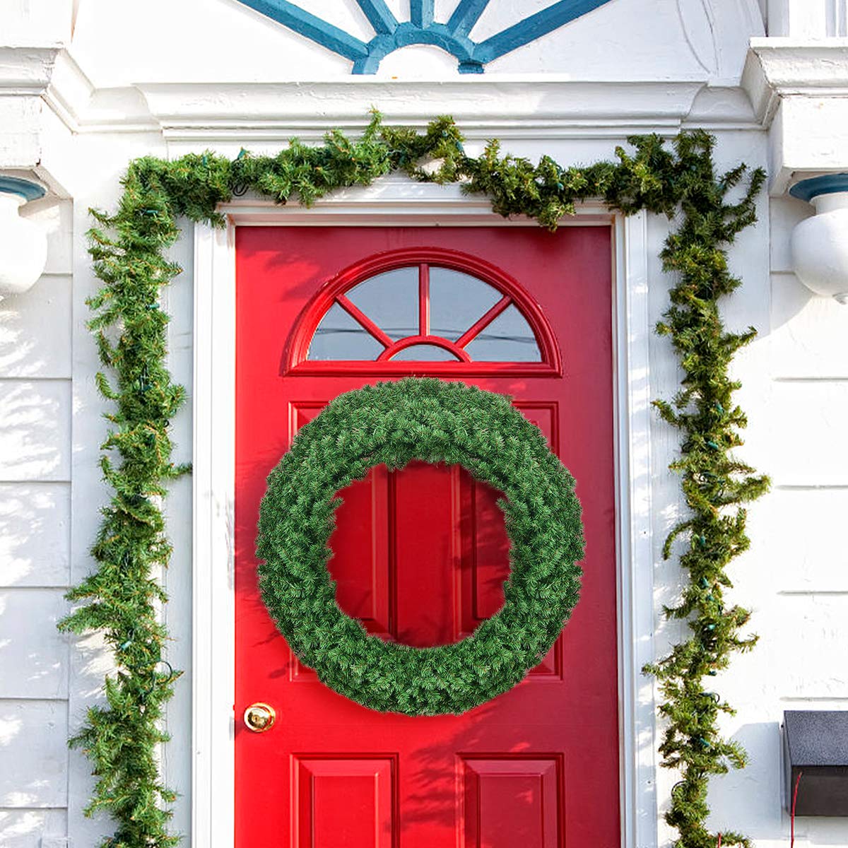 Goplus 48" Pre-lit Cordless Artificial Christmas Wreath, with 200 LED Lights and Timer, Hanging Xmas Decoration for Front Door Wall Home