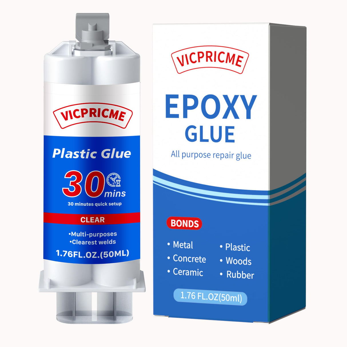 VICPRICME Plastic Glue,1.76oz Clear Epoxy Glue,All Purpose Repair Glue, Can Bond Metal, Wood, Glass, Fiberglass, Carbon Fiber, Most Plastics, Rubber, with Extremely high Shock Resistance. (1) vicpricme