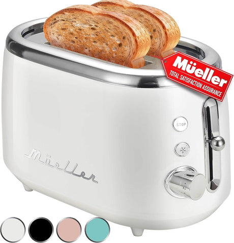 MÜELLERHOME Retro Toaster 2 Slice, 7 Browning Levels, 3 Functions (Reheat, Defrost, Cancel), Removable Crumb Tray, Under Base Cord Storage, White Toaster Kitchen Appliances MÜELLERHOME