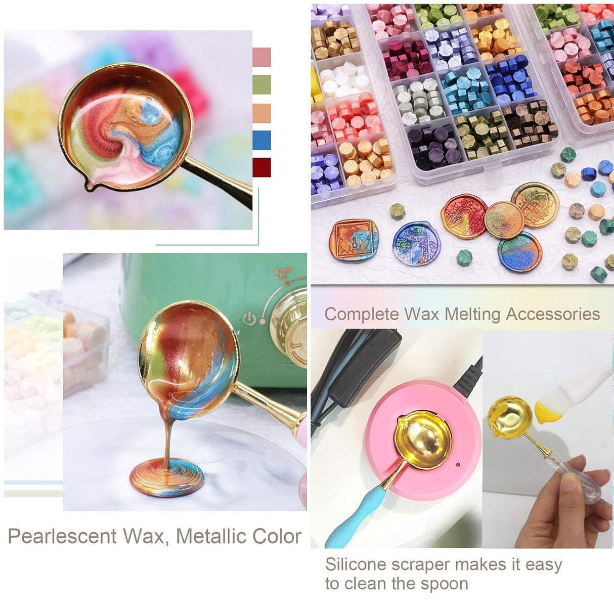 kimystam Electric Wax Seal Heater and Stamp Kit, 10 pcs Seal Heads, 24 Colors and 600 Pcs Beads, 10 envelopes, 12 Color Glitter, Smokeless Warmer, 2 pcs Metallic Pen (SimpleBox) kimystam