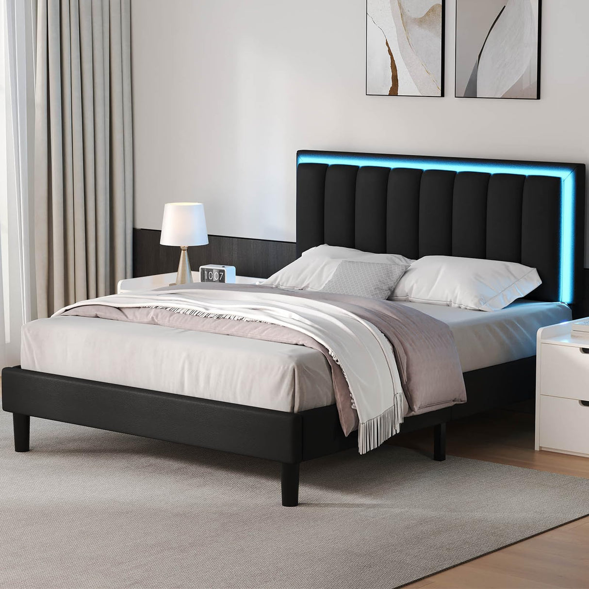 IMMERSTABLE Full Size Bed Frame, Upholstered Bed Frame with LED Lights, Platform Bed with Headboard, Heavy Duty Wood and Metal Slats Support, Noise-Free, No Box Spring Needed, Easy Assembly IMMERSTABLE