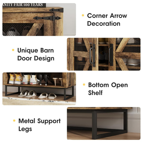 Maupvit Farmhouse Shoe Cabinet with Doors, 6-Tier Shoes Rack Shoe Storage Organizer with Adjustable Shelves & Metal Legs, Rustic Shoe Storage Cabinet for Entryway, Hallway, Closet, Living Room Maupvit