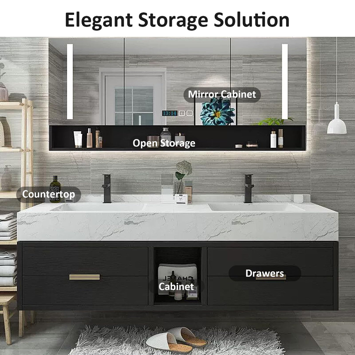 TIZAZO Bathroom Vanity with Double Sink - 72IN Bathroom Sink Vanity with One - Button Defogging & Human Body Sensor Light | 4 Drawers, Black TIZAZO