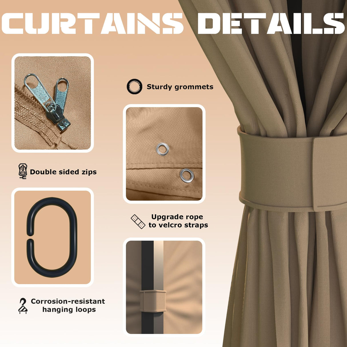 10’x12’ 4-Side Wall Gazebo Privacy Curtains with Zipper for Lowe's Allen Roth #GF-12S004B-1 / GF-12S004BTO / TPGAZ17-002, 4-Panels Sidewall Curtains Replacement for 10-ft x 12-ft Gazebo (Khaki) Fengind