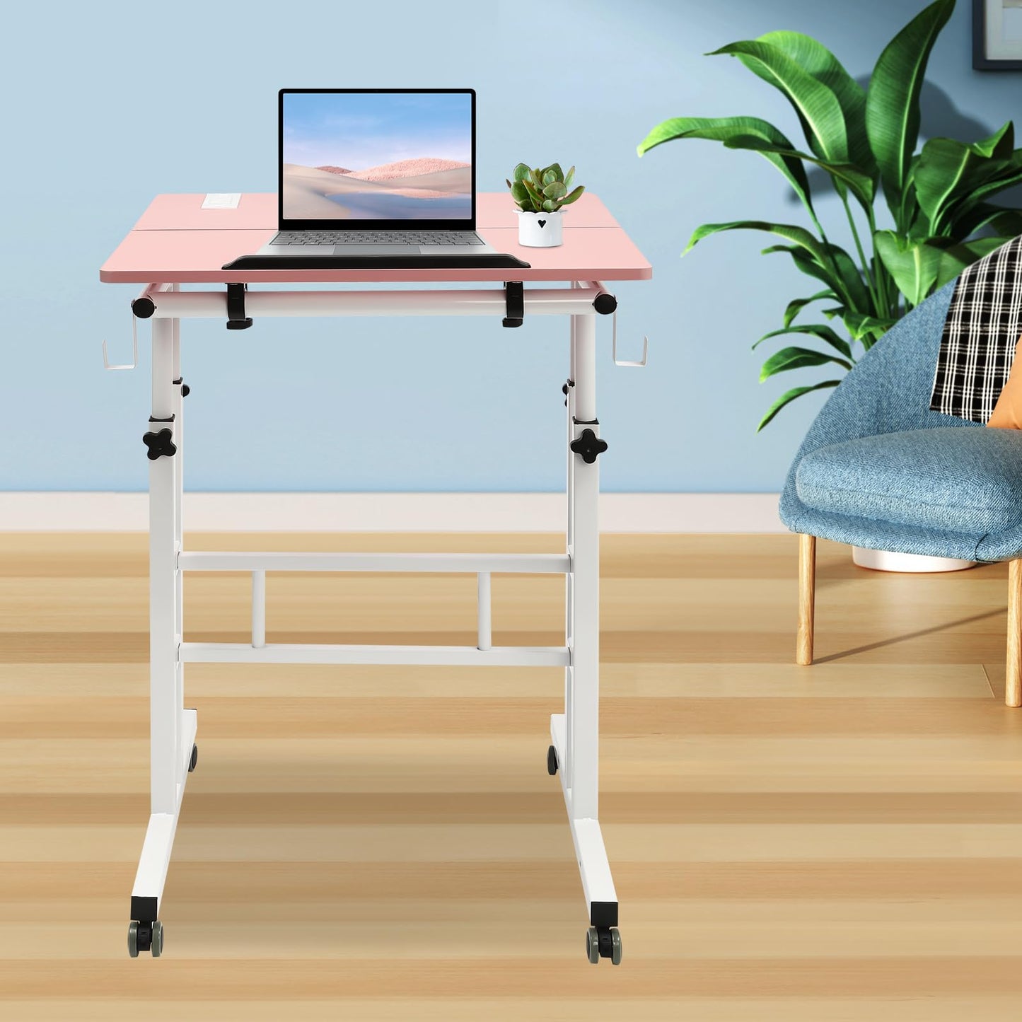 Upyouths Mobile Stand up Desk with USB Interfaces&Socket, Adjustable Standing Desk with Wheels Home Office Workstation, Sit Stand Desk Rolling Desk Laptop Cart for Standing or Sitting (Pink)