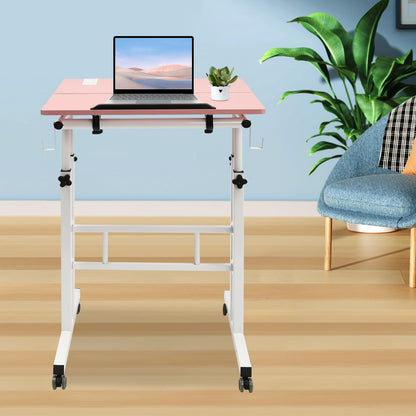 Upyouths Mobile Stand up Desk with USB Interfaces&Socket, Adjustable Standing Desk with Wheels Home Office Workstation, Sit Stand Desk Rolling Desk Laptop Cart for Standing or Sitting (Pink)