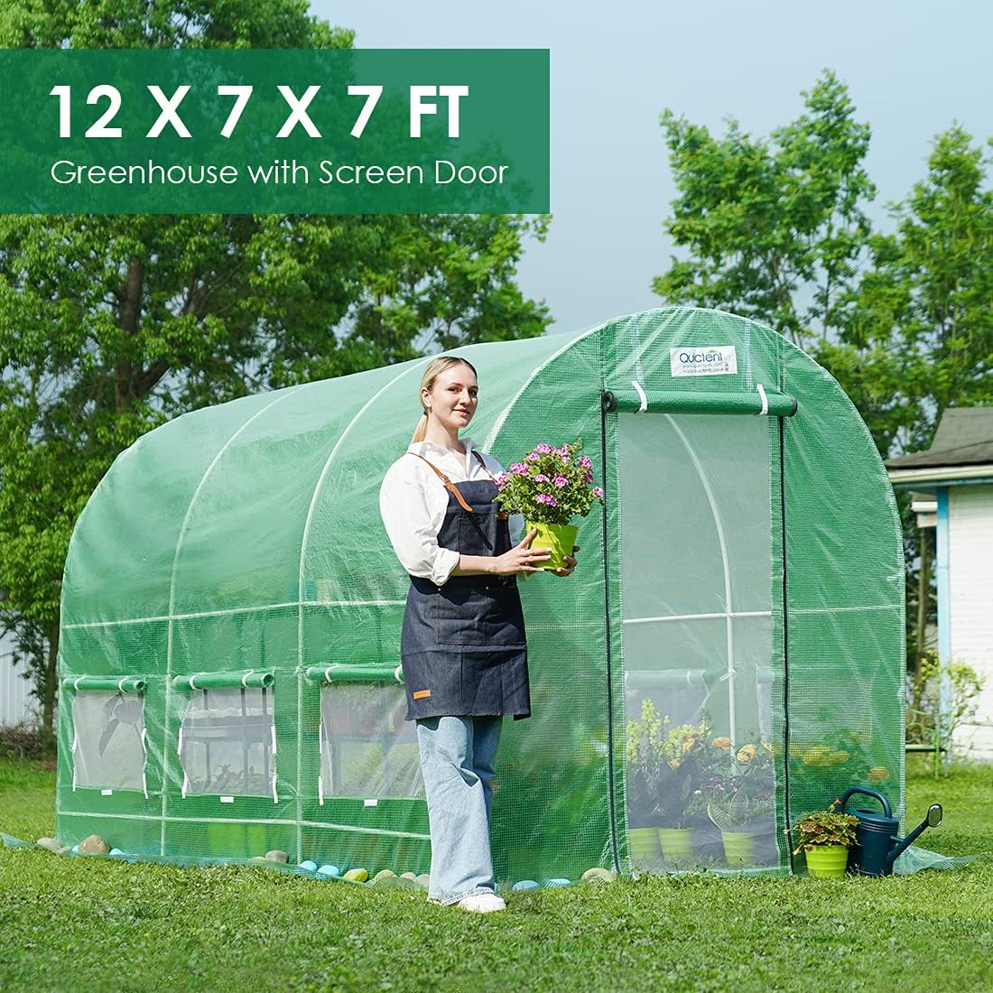 Quictent 12x6.6x6.6FT Fast Setup Greenhouse for Outdoors (QUIC-Install), 20-MIN Tool Free Install Walk-in Galvanized Green House, 6 Screen Window 1 Zipper Screen Door, Green Quictent