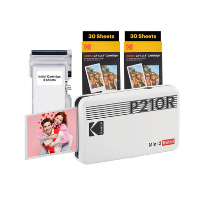 KODAK Mini 2 Retro 4PASS Portable Photo Printer (2.1x3.4 inches) Initial 8 Sheets + 60 Sheets Bundle, White