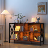 Horizontal Bookshelf,Industrial Modern 5 Cube Low Wide Cubby Bookcase with led Light,Long Wood and Metal Storage Organizer Open Shelf, Book Shelf Bedroom Storage for Home Office Living Room(Brown) Adompacat