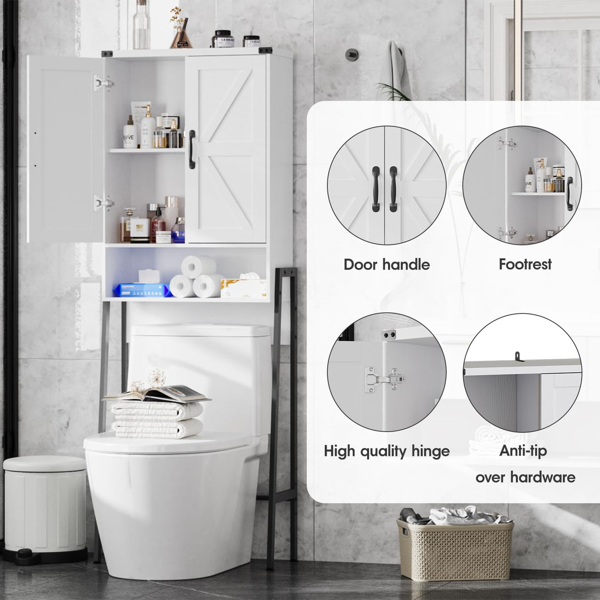 Over Toilet Storage with 2-Door Design Over The Toilet Storage Cabinet with Shelves Bathroom Organizers and Storage with Anti-Tip Device Over Toilet Organizer for Bathroom,Restroom,Laundry White Vabches