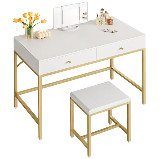 SUPERJARE Vanity Desk, Makeup Vanity with Lighted Mirror, White Desk with Drawers, 35.4 Inches Makeup Vanity Desk with Lights, for Bedroom, White and Gold - WoodArtSupply