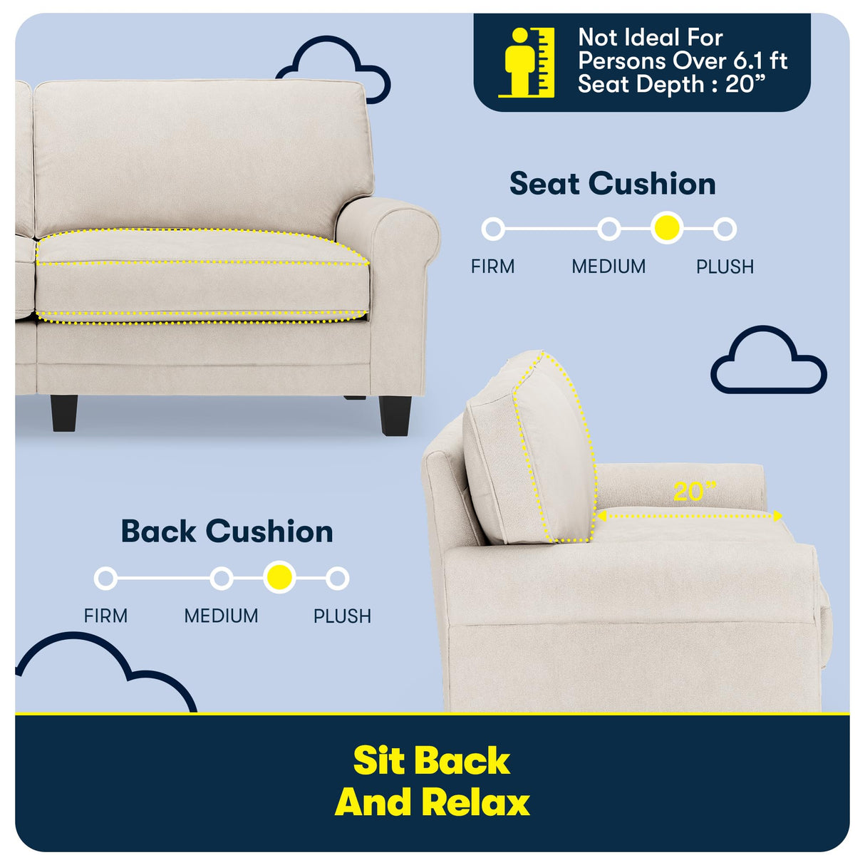 Serta Copenhagen 78" Rolled Arm Sofa, Easy Care Polyester, Soft Pillow Back, Pocket Coil Seat Cushions, Removable Covers, Loveseat or Couch for Small Spaces, Living Rooms or Bedrooms, Cream White Serta