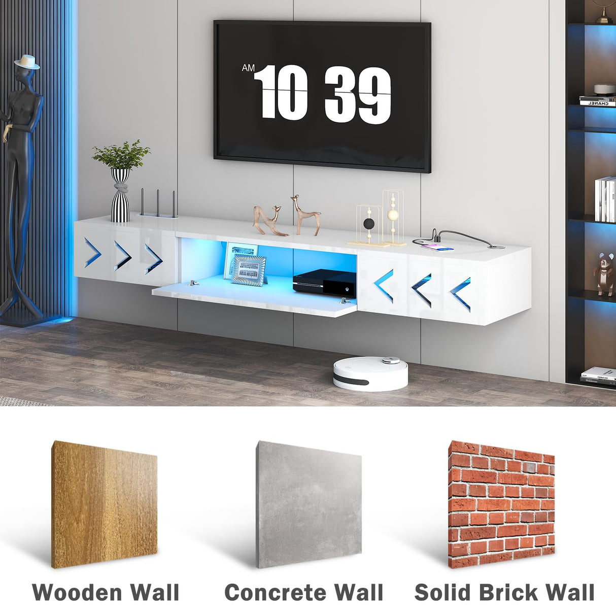 ANTISTA Floating TV Stand, 71" Floating Entertainment Center Wall Mounted,Floating Wall Mounted TV Shelf with Led Lights and Power Outlet,Modern High Gloss tv Cabinet Media Console with Storage ANTISTA
