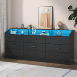 Gyfimoie 9 Drawers Dresser with Power Outlet, Black Dresser for Bedroom, Chest of Drawers with LED Light, Modern Dresser with Open Storage Cubby, Triple Wide Dresser Organizer for Living Room Gyfimoie
