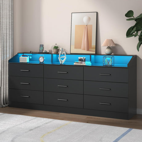Gyfimoie 9 Drawers Dresser with Power Outlet, Black Dresser for Bedroom, Chest of Drawers with LED Light, Modern Dresser with Open Storage Cubby, Triple Wide Dresser Organizer for Living Room Gyfimoie