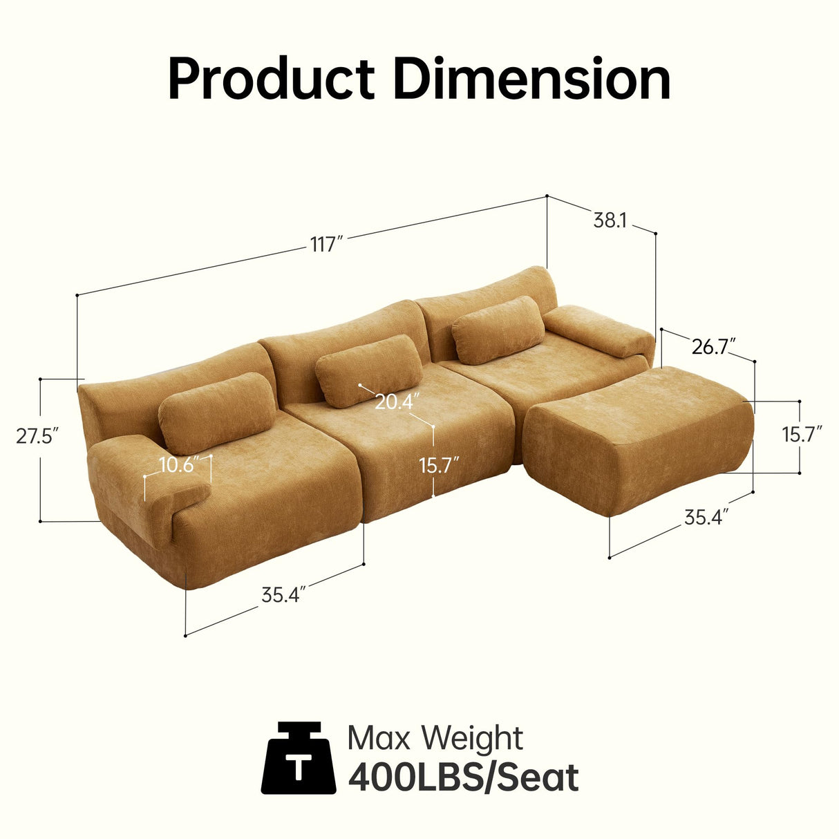MAXMXX 117”L Shaped Modern Sofa Modular Sectional Cloud Couch with Ottoman,Oversized Boneless Sofa,3+1 Seater Chenille Deep-Seat Sofa with 3 Pillows,Suitable for Living Room or Bedroom(Yellow) MAXMXX