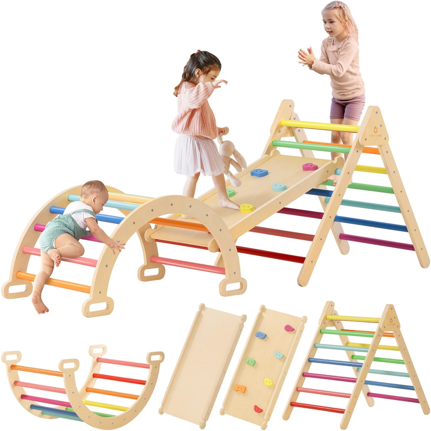 Tiny Land Pikler Triangle Set, 7-in-1 Foldable Pikler Triangle Climbing Toys Set for Kids,Rainbow Climbing Set,Baby Indoor Playground Jungle Gym, Wooden Montessori Climbing Set for Toddler