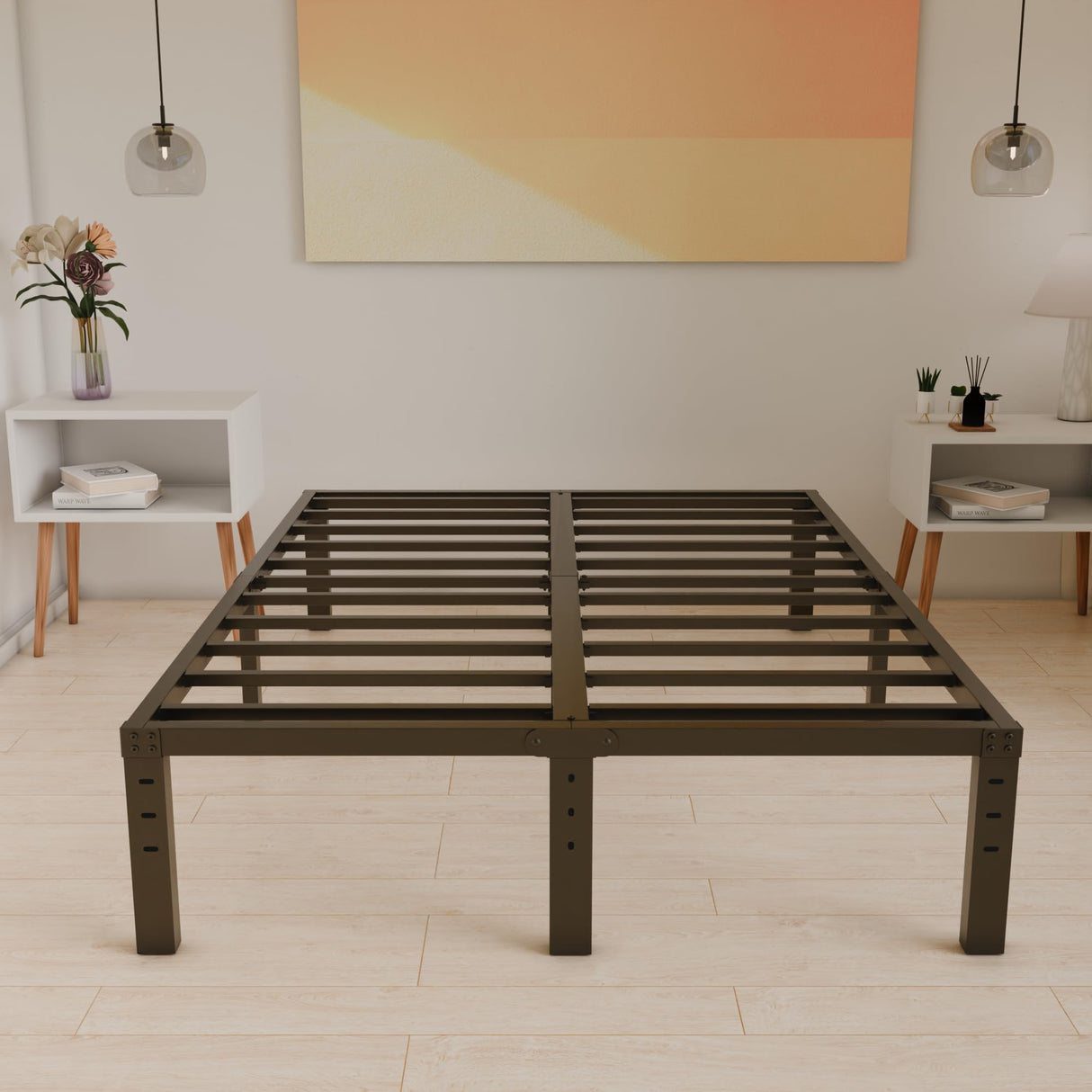 HOBINCHE 14 Inch Metal Bed Frame Queen Size No Box Spring Needed - Easy Assembly Heavy Duty Noise Free Narrow Bedframes - Double Black Basic Steel Slats Platform with Storage HOBINCHE