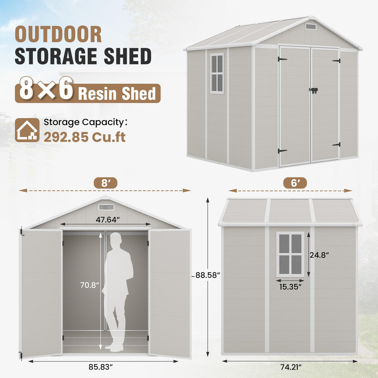 VONZOY Outdoor Storage Shed, 8x6 FT Resin Shed with Floor and Vents, Window & Lockable Door, Tool Sheds & Outdoor Storage for Bike, Tools, Garden Accessories, Waterproof (Sandstone) VONZOY
