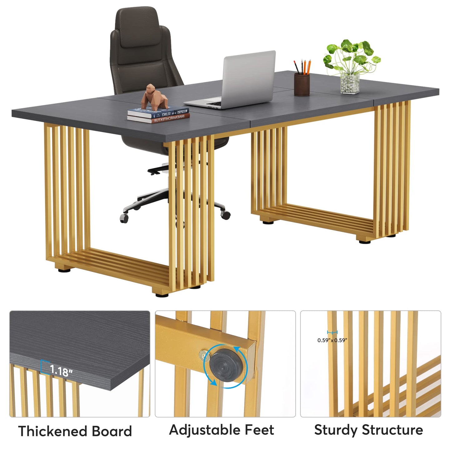 Tribesigns 70.9" Modern Executive Desk, Wood Office Desk, Grey Simple Computer Desk with Gold Metal Legs, Large Workstation Business Furniture for Home Office, Small Conference Table for Meet - WoodArtSupply