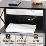 AMHANCIBLE Record Player Stand with Charging Station, Turntable Stand with Storage Cabinet, 3 Tier End Table Hold Up to 100 Albums, Record Stand for Vinyl, Living Room, Black, HETCD01BK-1 AMHANCIBLE