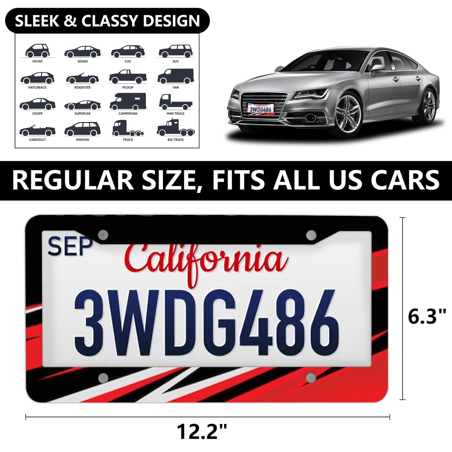 6 Pack Sublimation License Plate Frame Blanks,Metal Aluminum car Tag White,Thermal Transfer DIY Custom Picture Design for Blank License Plates Frame(12.2x6.3x0.04)