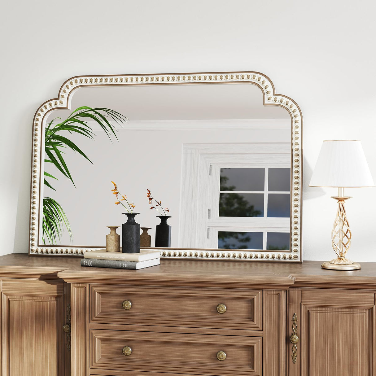 36''x24'' Farmhouse Wood Decorative Wall Mirrors with Beads, Boho Large Wide Arch Mirror for Living Room, Bedroom, Entryway, Fireplace HOITUZYUS