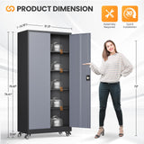 AFAIF Metal Garage Cabinets with Wheels, Heavy Duty Rolling Storage Cabinet with Lock, Storage Caninet with 2 Doors and 4 Shelves, Tall Tool Cabnet on Wheels for Workshop/Home/Office-(Black Gray 75”H) AFAIF