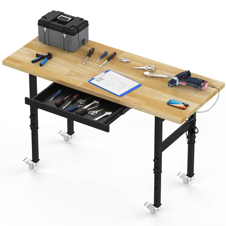 Gornoxblif 60" Adjustable Workbench, Rubber Wood Work Bench Table with Wheels and Power Outlet, Rolling Workbench with Drawers, 2000 LBS Load Capacity Heavy Duty Garage Work table for Workshop, Office Gornoxblif