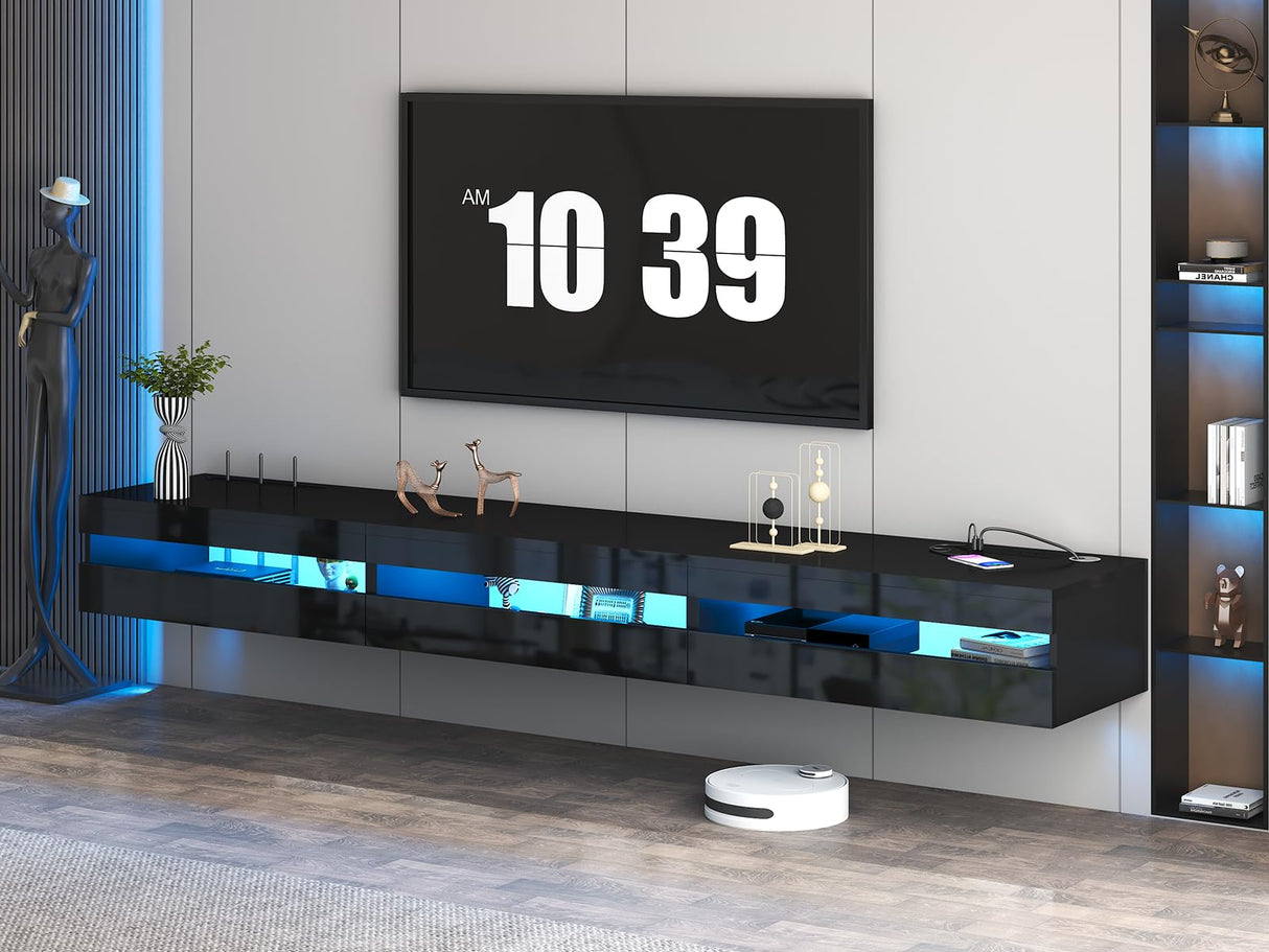 ANTISTA Floating TV Stand | 94.5'' Long Wall Mounted TV Shelf with Power Outlet, Modern Wooden Entertainment Center Media Console with Storage, High Gloss Large TV Cabinet, Up to 100 Inch TVS ANTISTA
