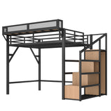 Metal Full Size Loft Bed with Stairs and Wardrobe,Heavy Duty Loft Bed Frame with LED Lights and Charging Station for for Kids,Teens,Adults,Natural Wood Bellemave