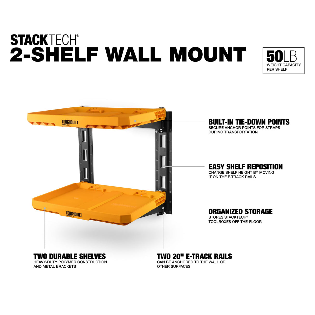 ToughBuilt 2-Shelf Storage, Wall Mounted Garage Organizer Shelves, StackTech System ToughBuilt