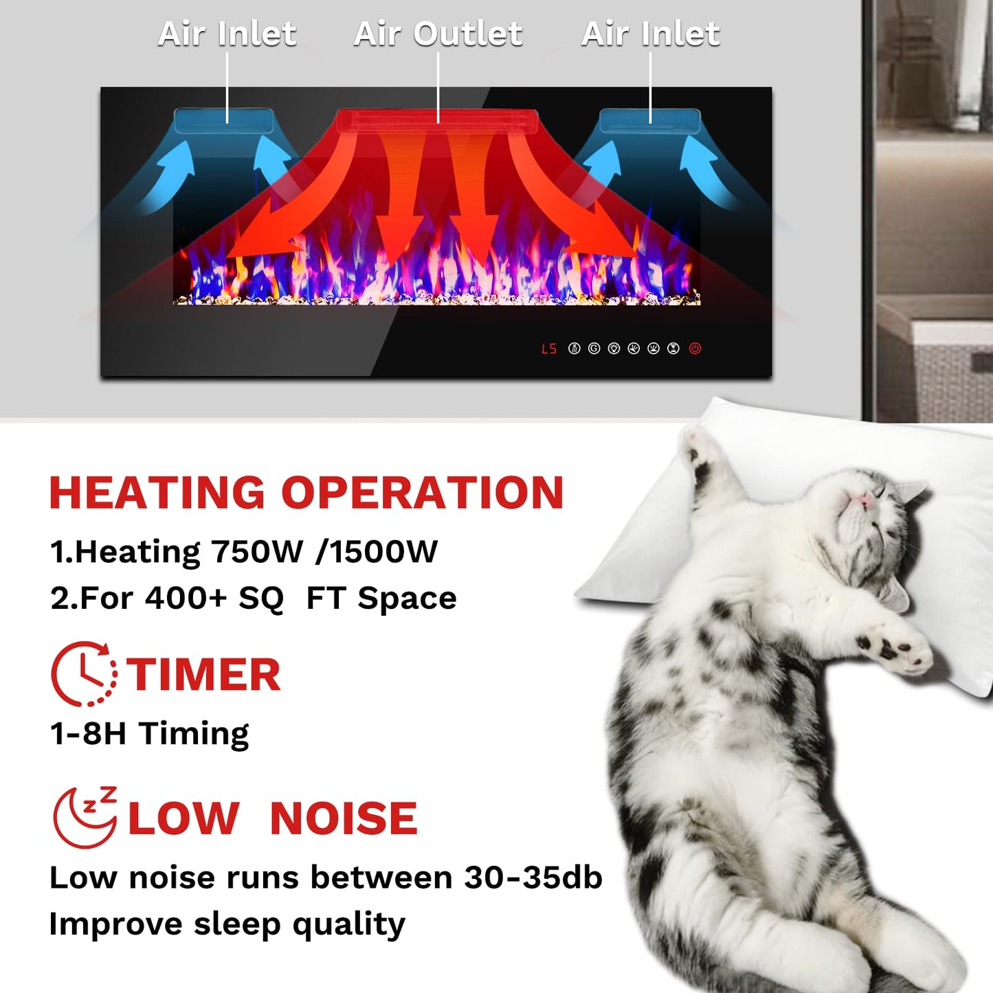 60 inch Wall Mounted Electric Fireplace, Multi LED Flames Fireplace Insert with Crystal, 750/1500W Fireplace Heater,Remote/Touch Screen Control Recessed Fireplace for Halloween,1-8H Timer / 400 Sq.